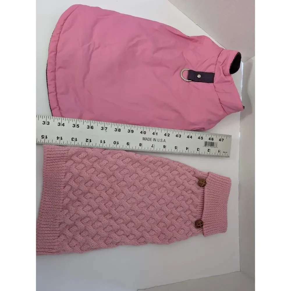 Lot Pink Small Dog Coat Set Quilted Rain Jacket with D Ring and Cable Knit
